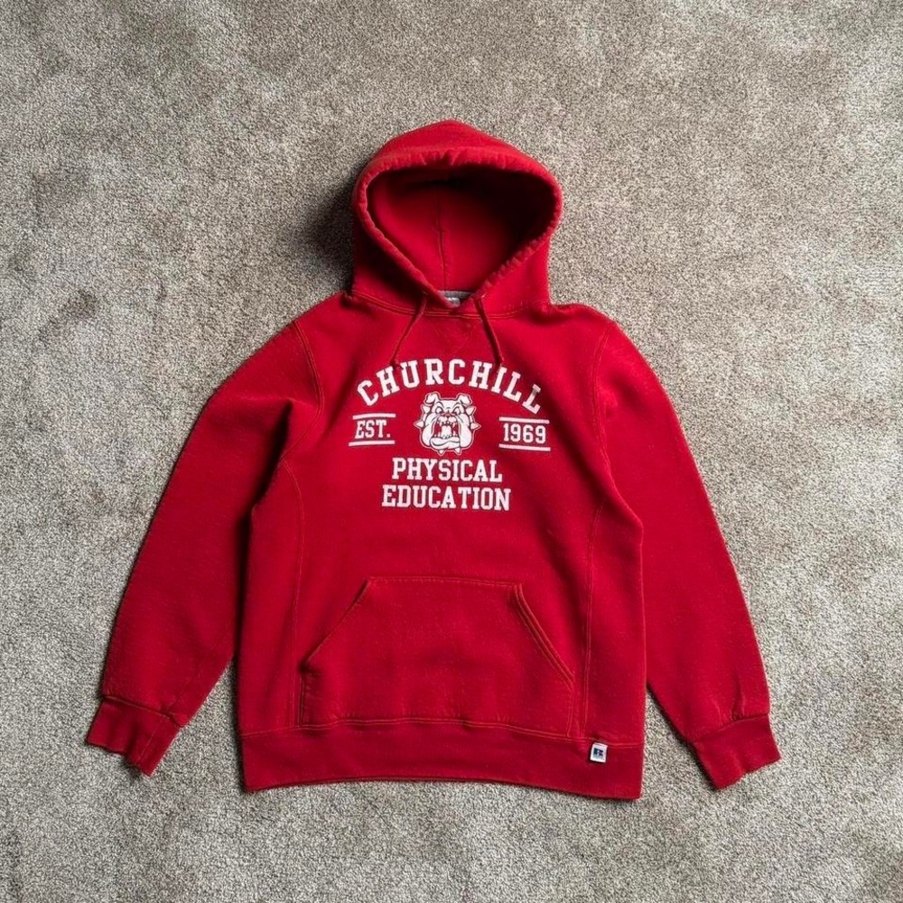 RED VINTAGE STYLE "CHURCHILL PHYS ED" RUSSELL ATHLETIC HOODIE
